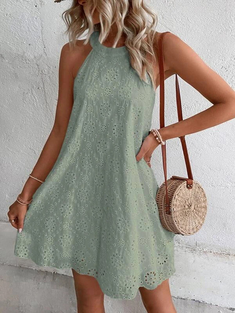 Women's Summer Lace Solid Color Sleeveless Button Dresses