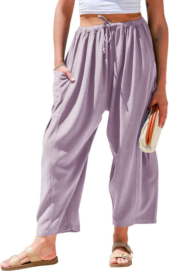 Women's Waist Pleated High Wide Leg Loose Harem Cotton Pants
