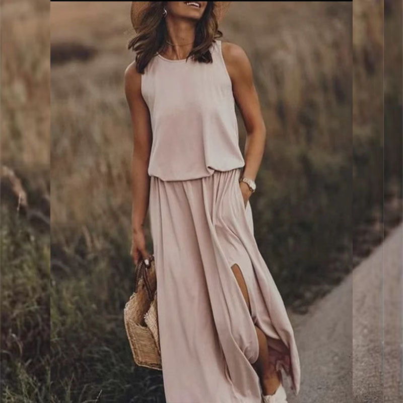 Style Solid Color Round Neck Sleeveless Dresses