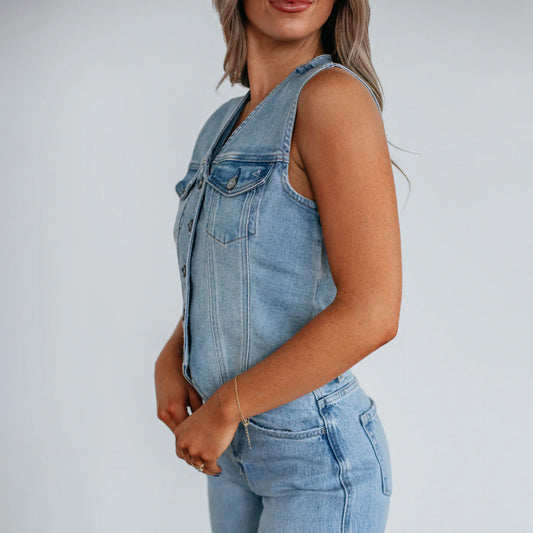 Women's Sleeveless Single-breasted Denim Wash Waistcoat Vests