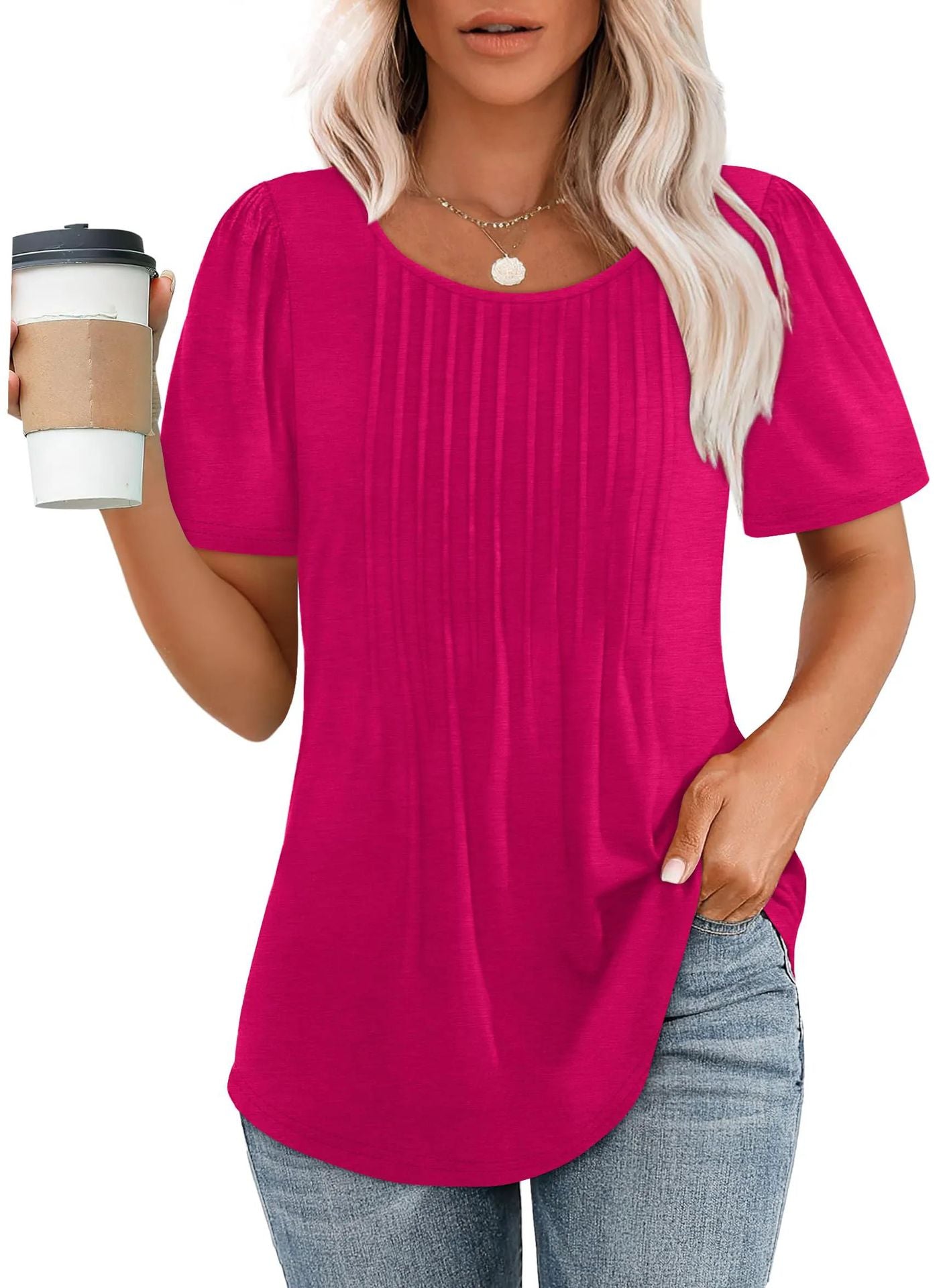 Women's Loose Pleated Round Neck Sleeve T-shirt Stripes Blouses