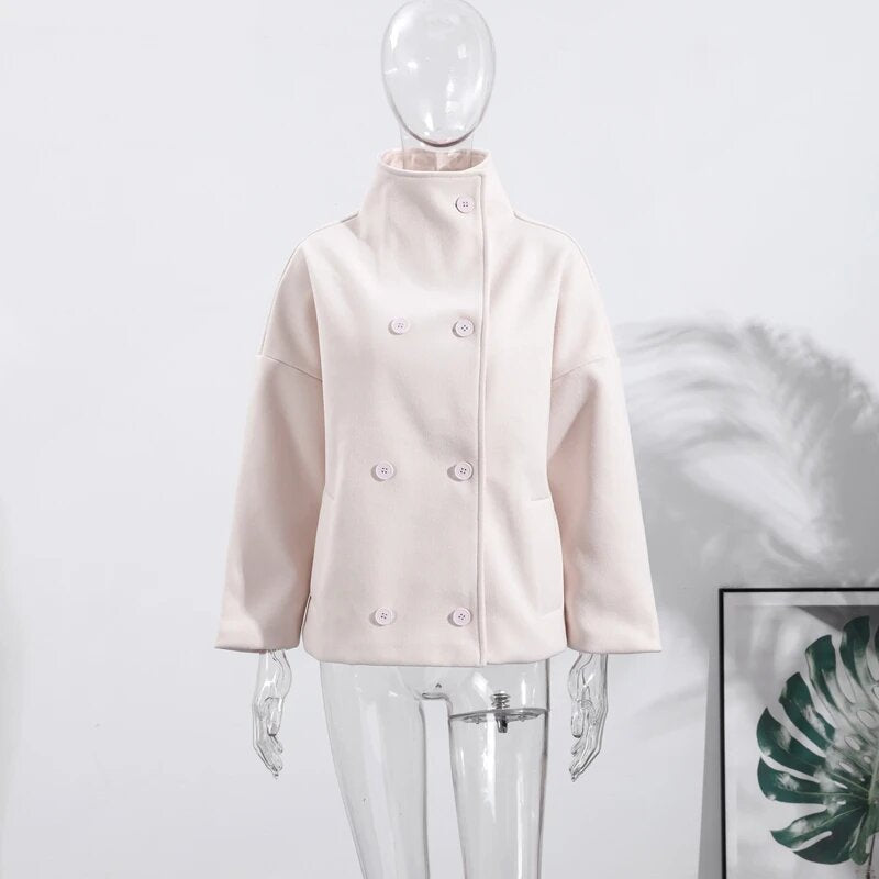 Women's Quality Stand Collar Double Breasted Pocket Coats
