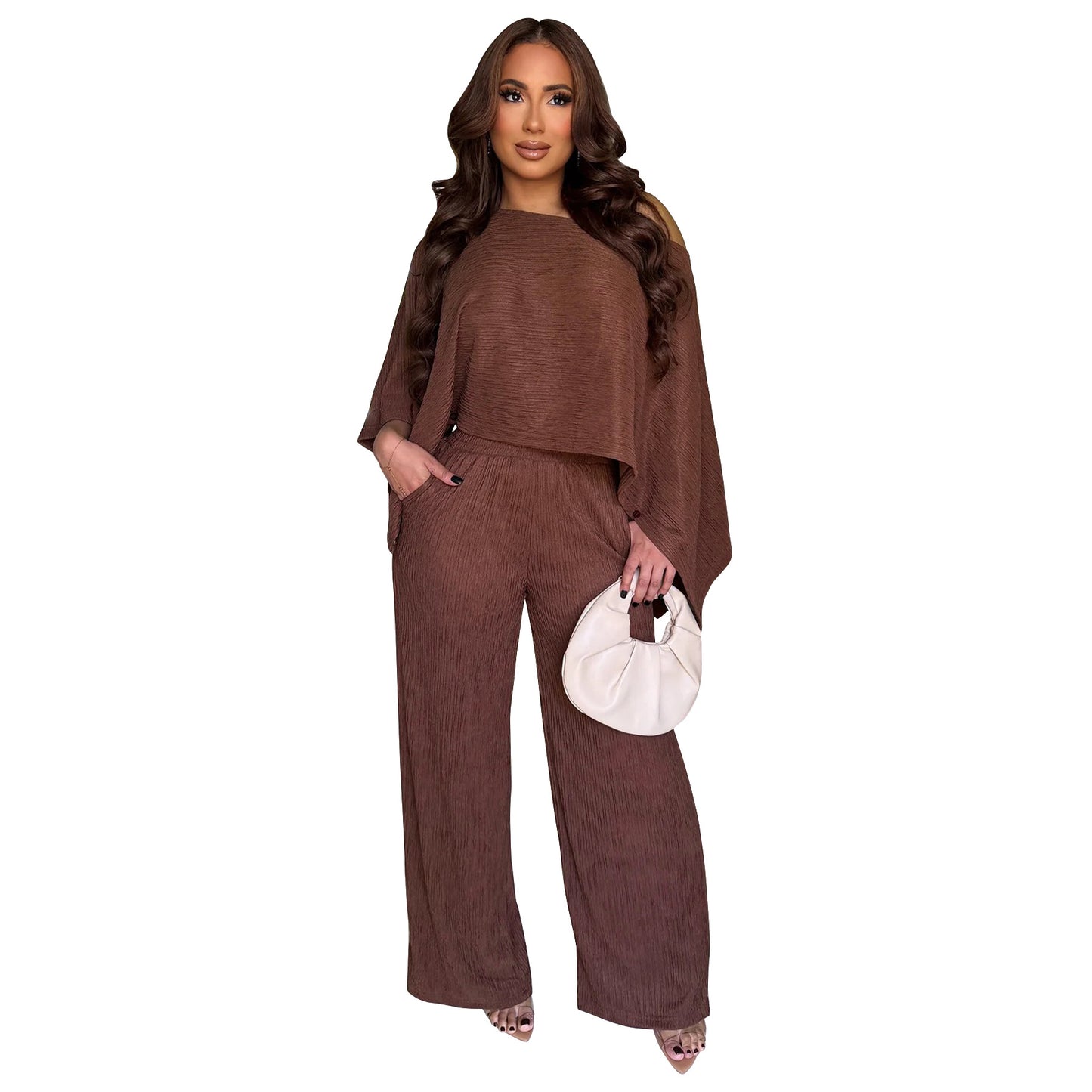 Women's Fashion Wear Pleated Oblique Shoulder Trousers Solid Suits