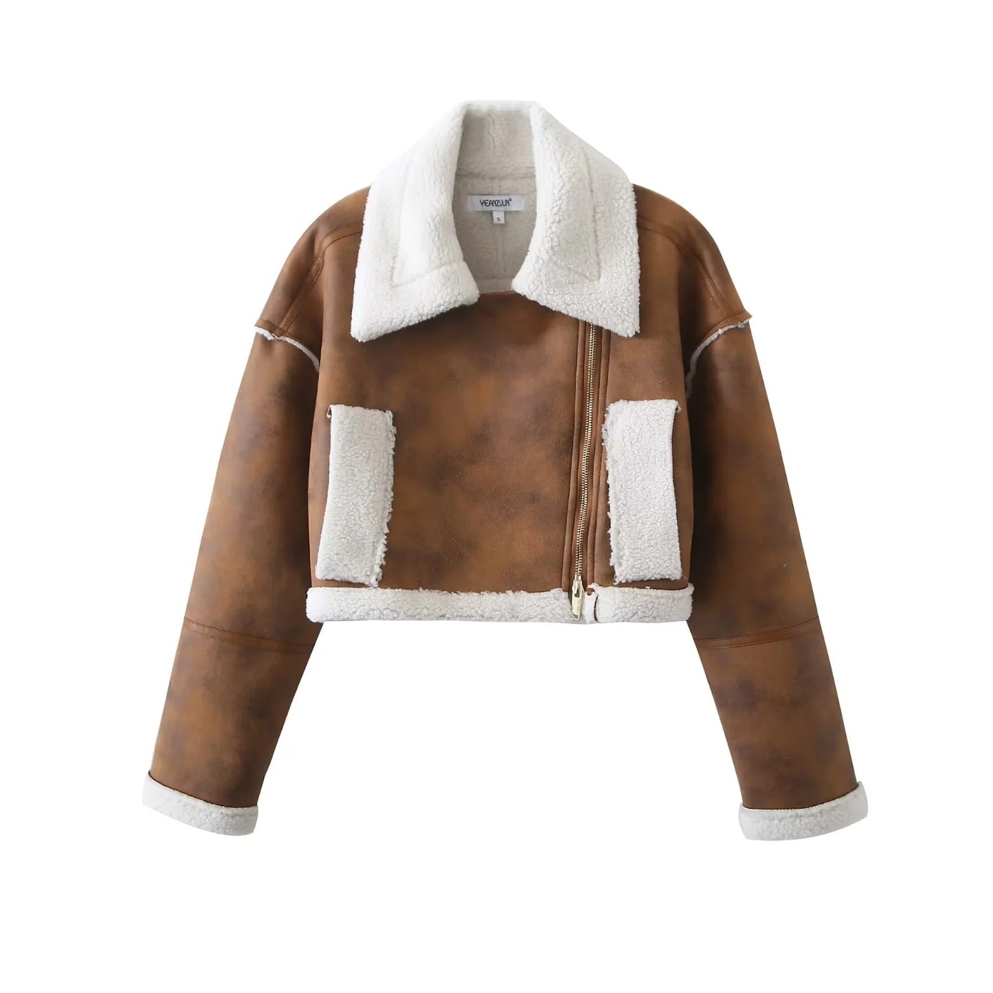 Women's Lapel Loose Suede Fabric Contrast Color Coats