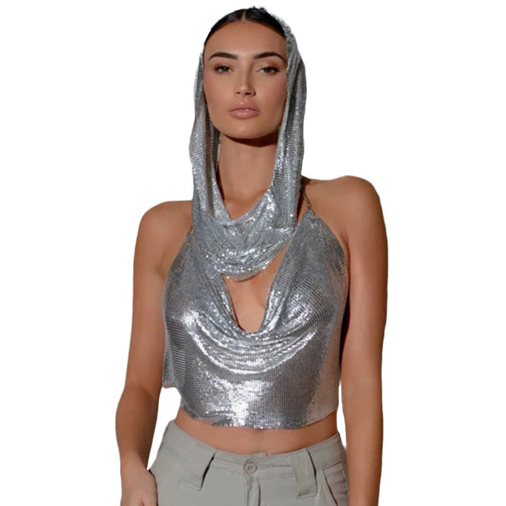 Women's Nightclub Back Slit Metal Sequins Scarf Tops