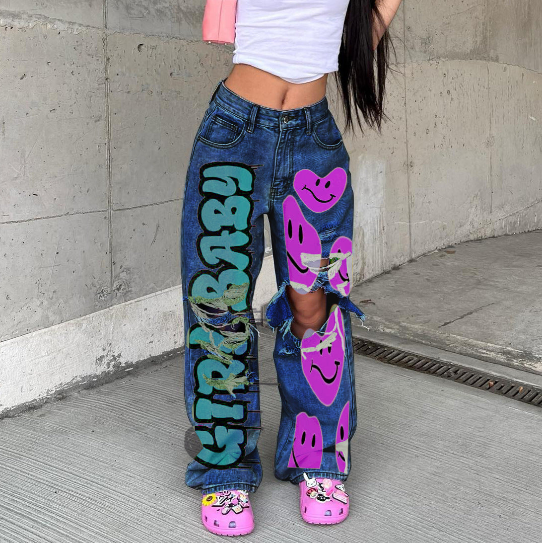 Hot Personality Trendy Loose Washed-out Denim Jeans