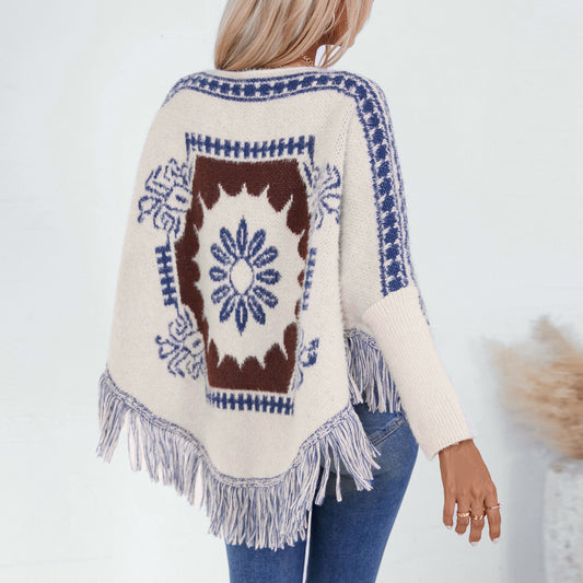 Women's Ethnic Style Pullover Shawl Loose Long Sleeve Knitwear