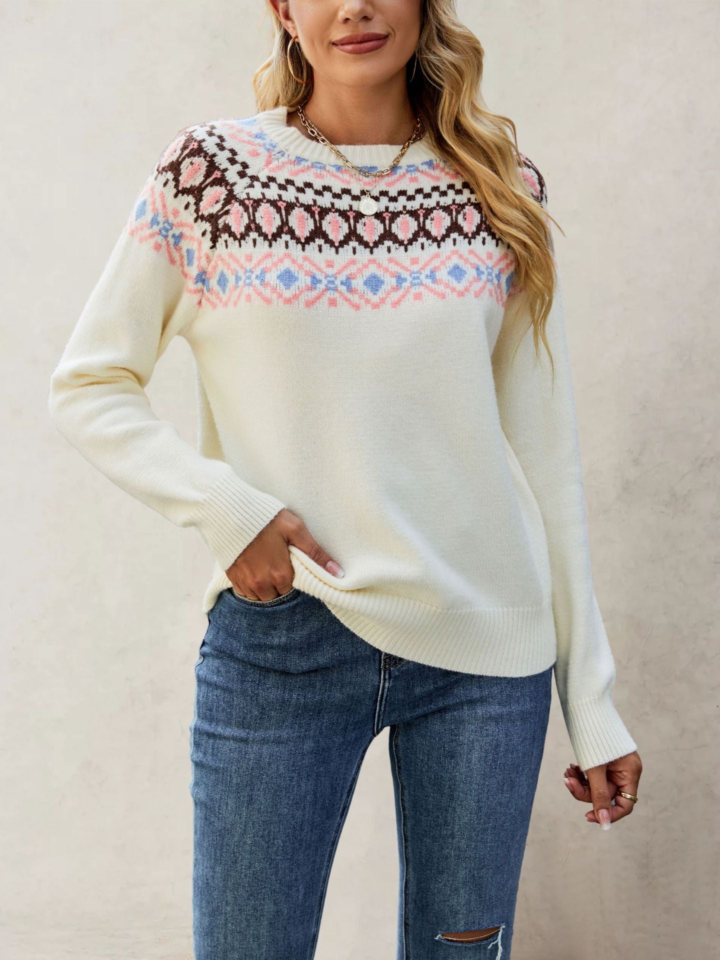 Jacquard Vintage Large Round Neck Pullover Sweaters