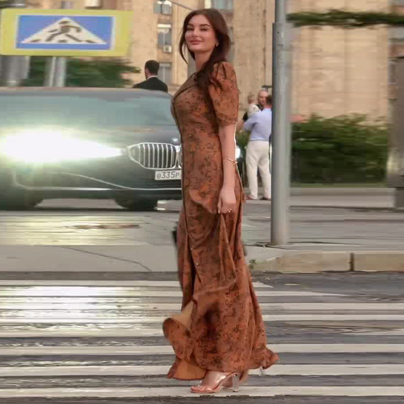 Women's Fashion Brown Printed Elegant Dress Dresses