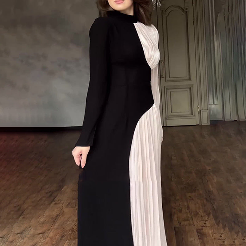 Women's Round Neck Contrast Color Long Sleeve High Waist Dresses