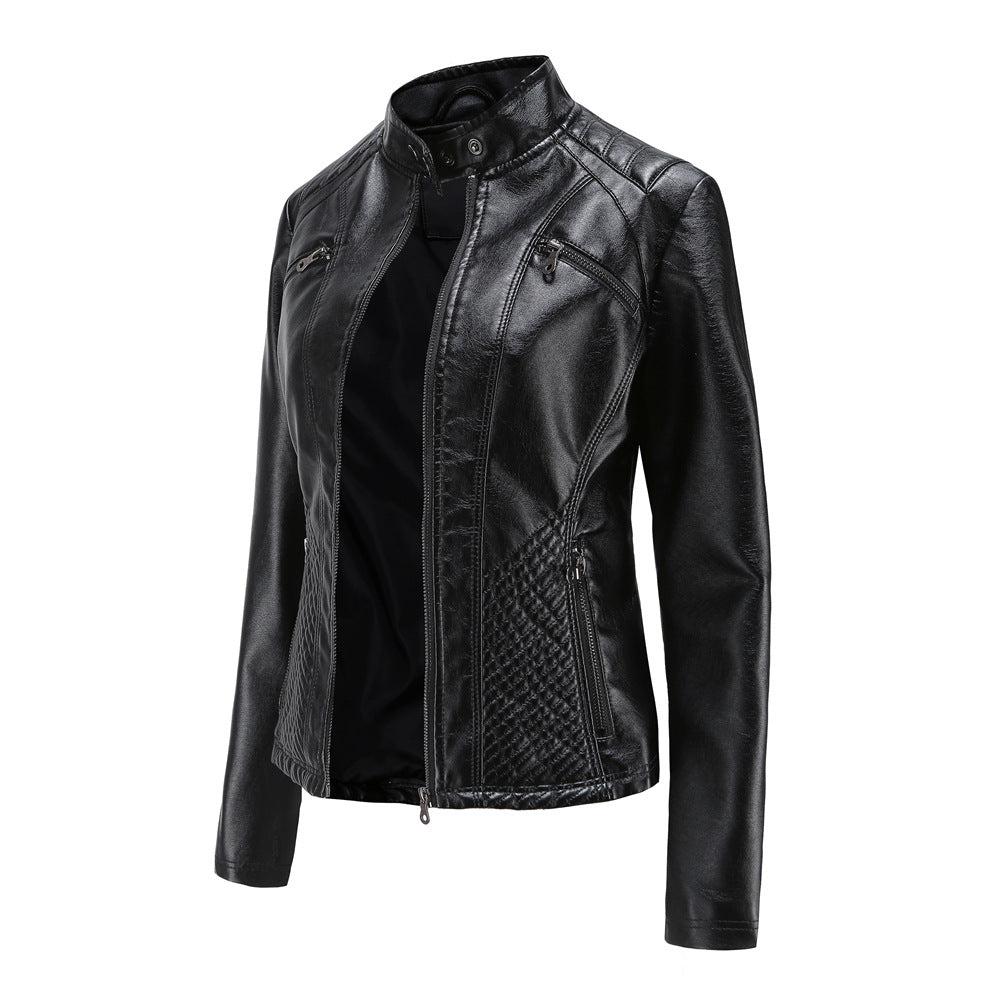 Women's Casual Leather Stand Collar Solid Color Jackets
