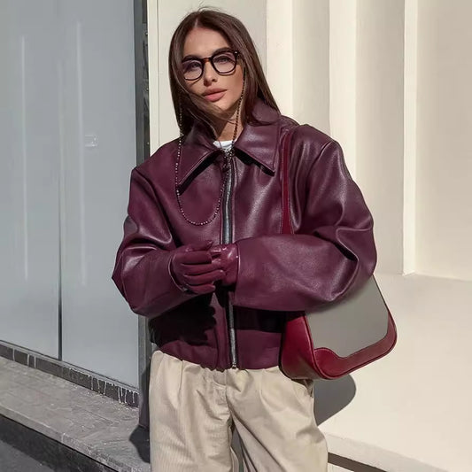 Women's Locomotive Style Leather Baggy Fashion Overcoat Jackets