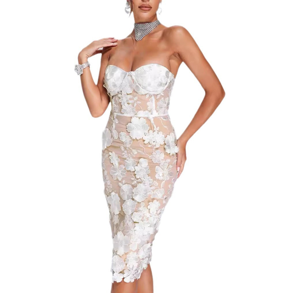 Flower Decoration Slim White Sexy Tube Dresses