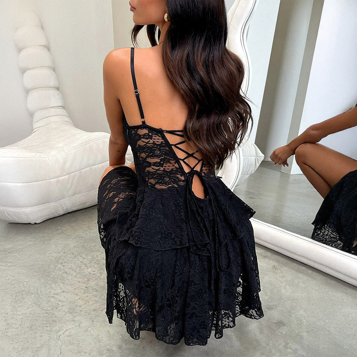 Women's Casual Sexy Cutout Solid Color Lace Dresses