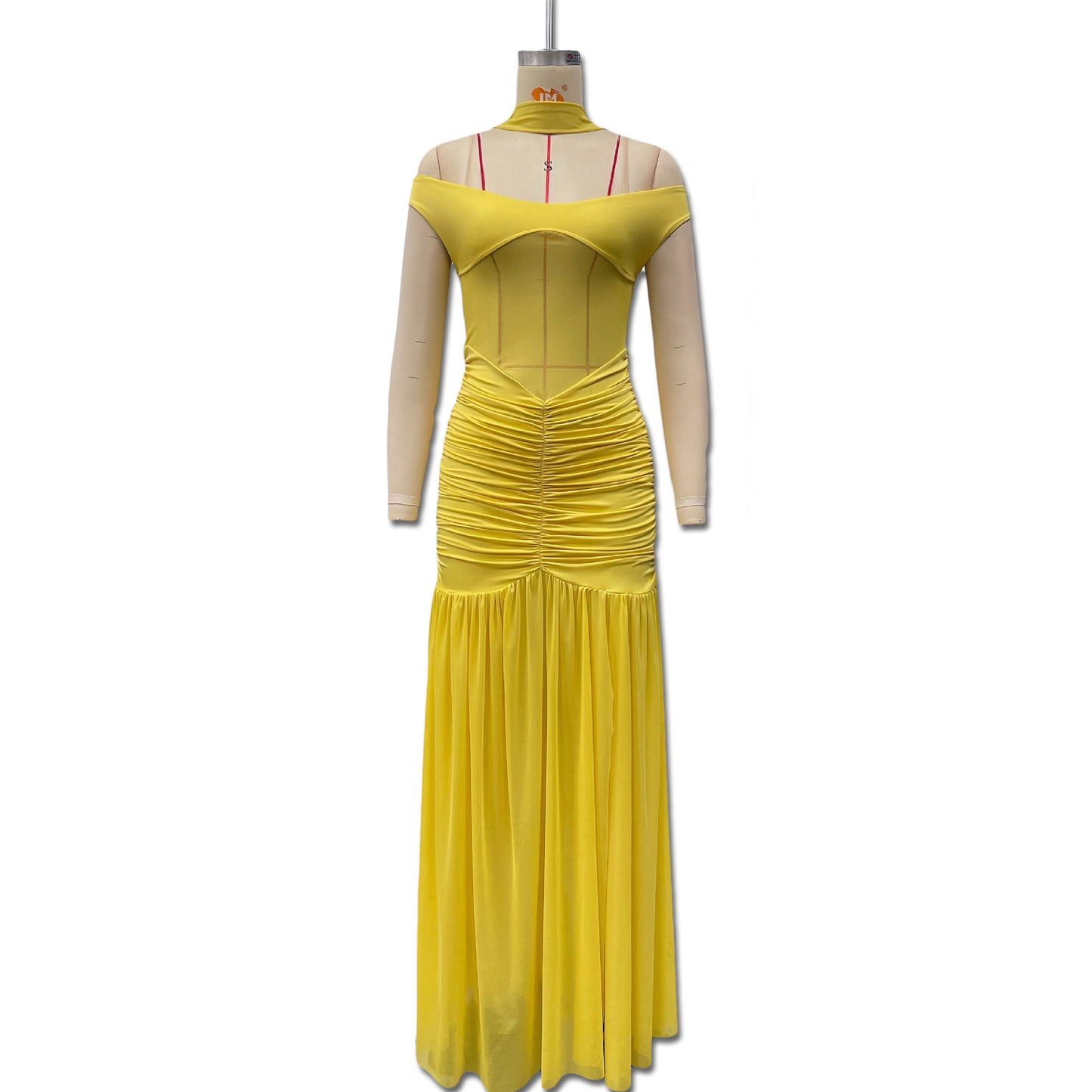Women's Solid Color Sexy Mesh Stitching Pleated High Slit Dress