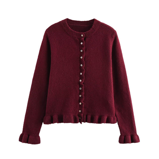 Women's Round Neck Wooden Ear Laminated Decoration Knitwear