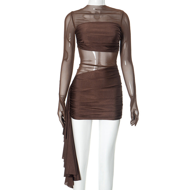 Women's Autumn Sexy Mesh Hollow Pleated Round Neck Dresses