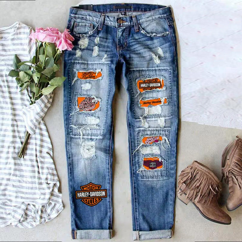Women's Fashion Holes Printed Patch Straight Jeans
