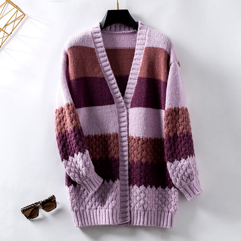 Women's Contrast Color Striped Casual Loose Lantern Cardigans