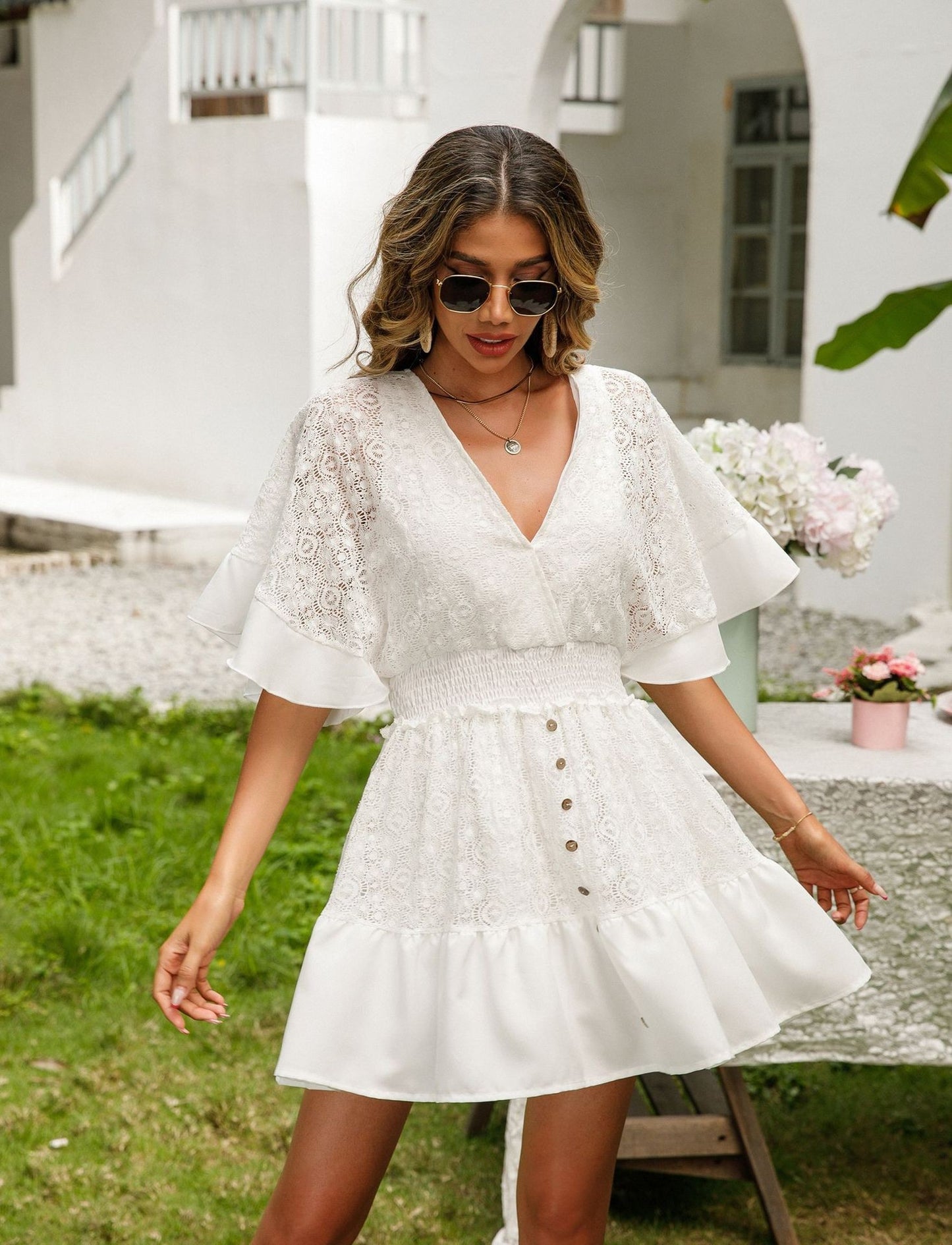 Women's Lace Stitching Batwing Sleeve Dress Midi Dresses