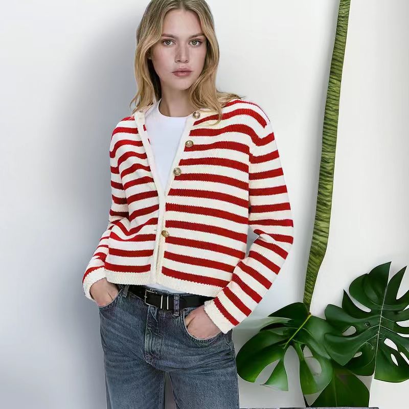Autumn Elegant Buckle Striped Classic Style Knitwear