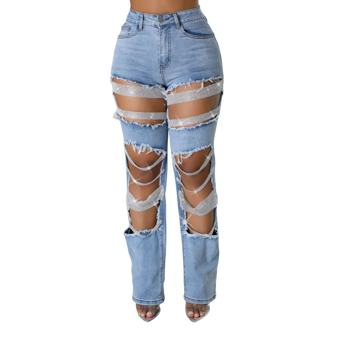 Women's Ripped Cool Beaded High Waist Stretch Denim Jeans