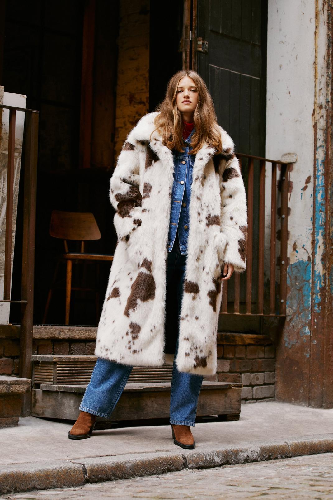 Women's Fur Style Cows Pattern Black White Coats