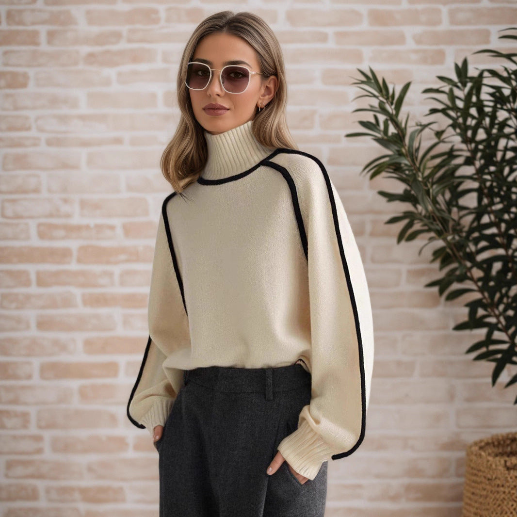 Women's Half Turtleneck With Shoulder Sleeve Elegant Line Thread Sweaters