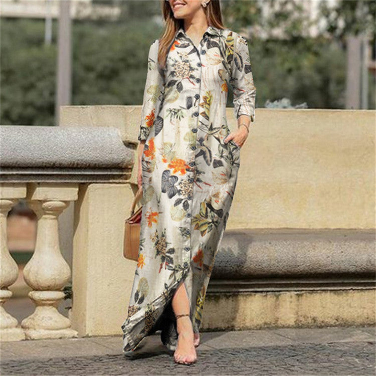 Women's Casual Polo Collar Robe Long Floral Dresses