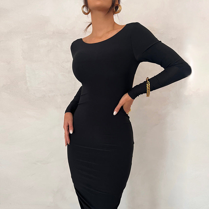 Sexy Backless Pleated Long Elegant Slim Dresses