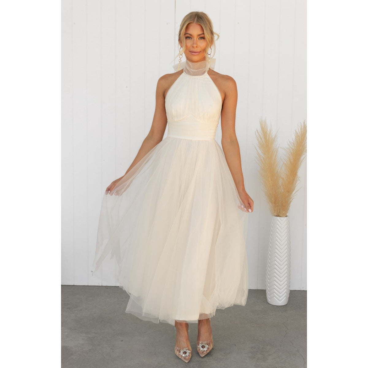 Halter Mesh Turtleneck Dress Leisure Vacation Dresses