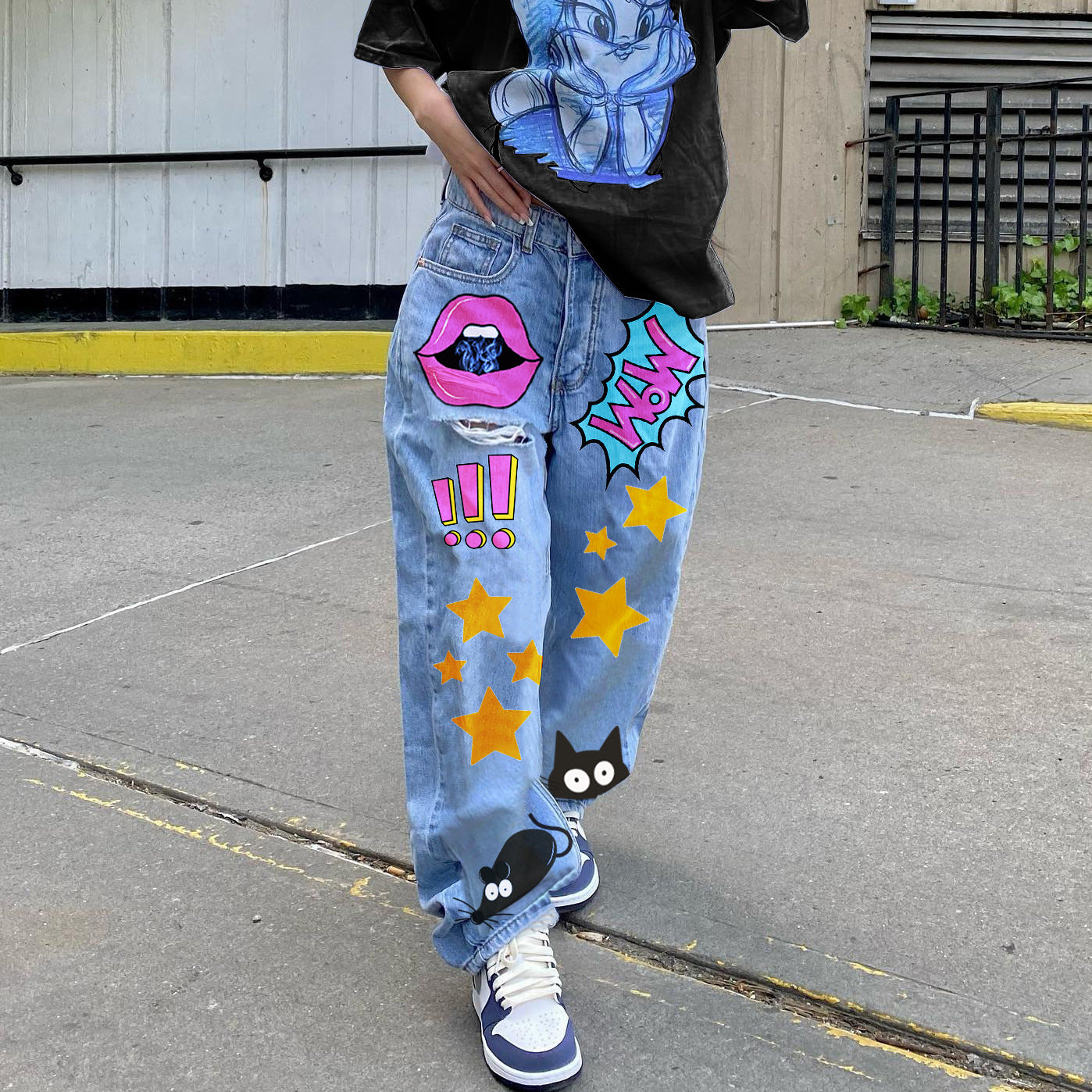 Women's Vintage Printed Slim Fit Denim Trousers Jeans