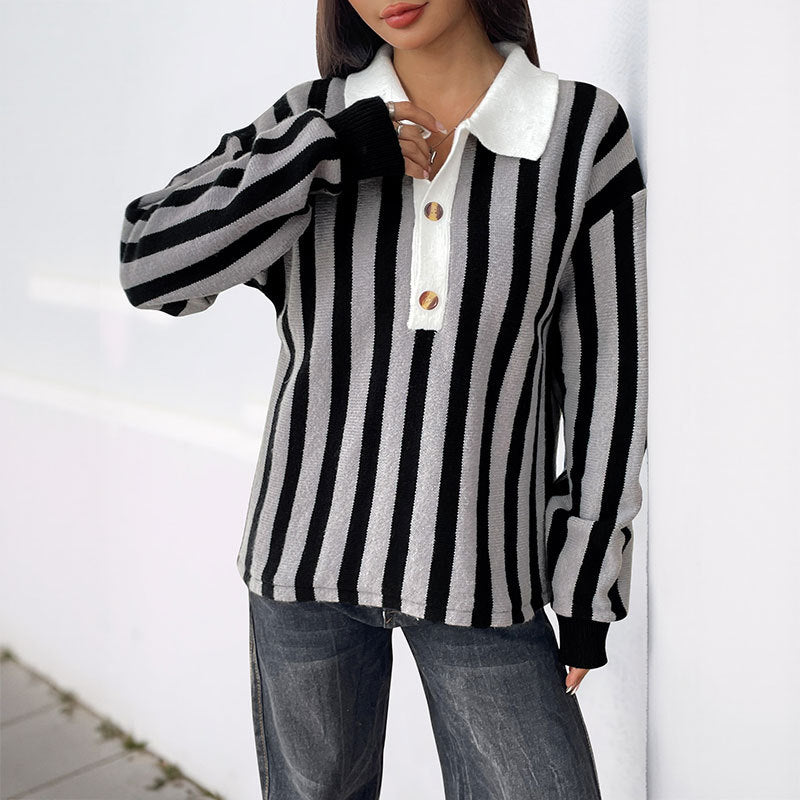 Women's Unisex Style Vertical Stripes Lapel Knitted Sweaters