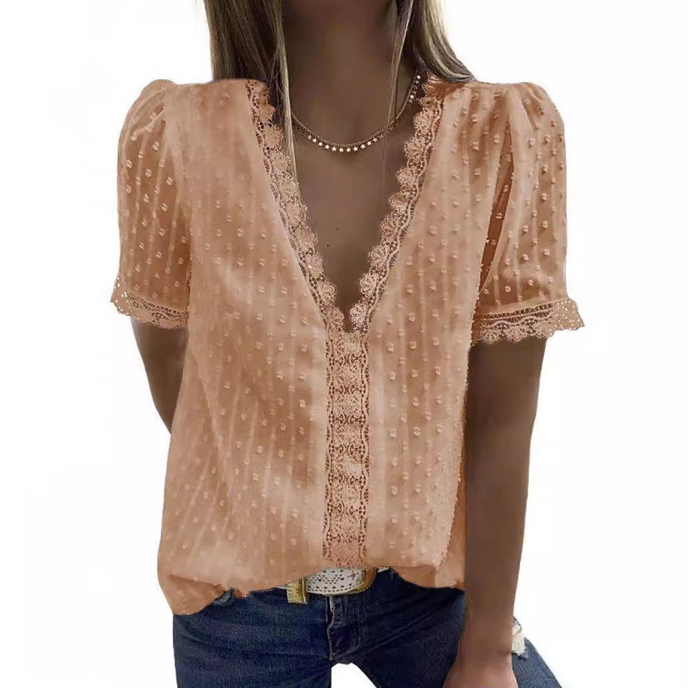 Women's Chiffon Jacquard Solid Color Short-sleeved Casual Blouses