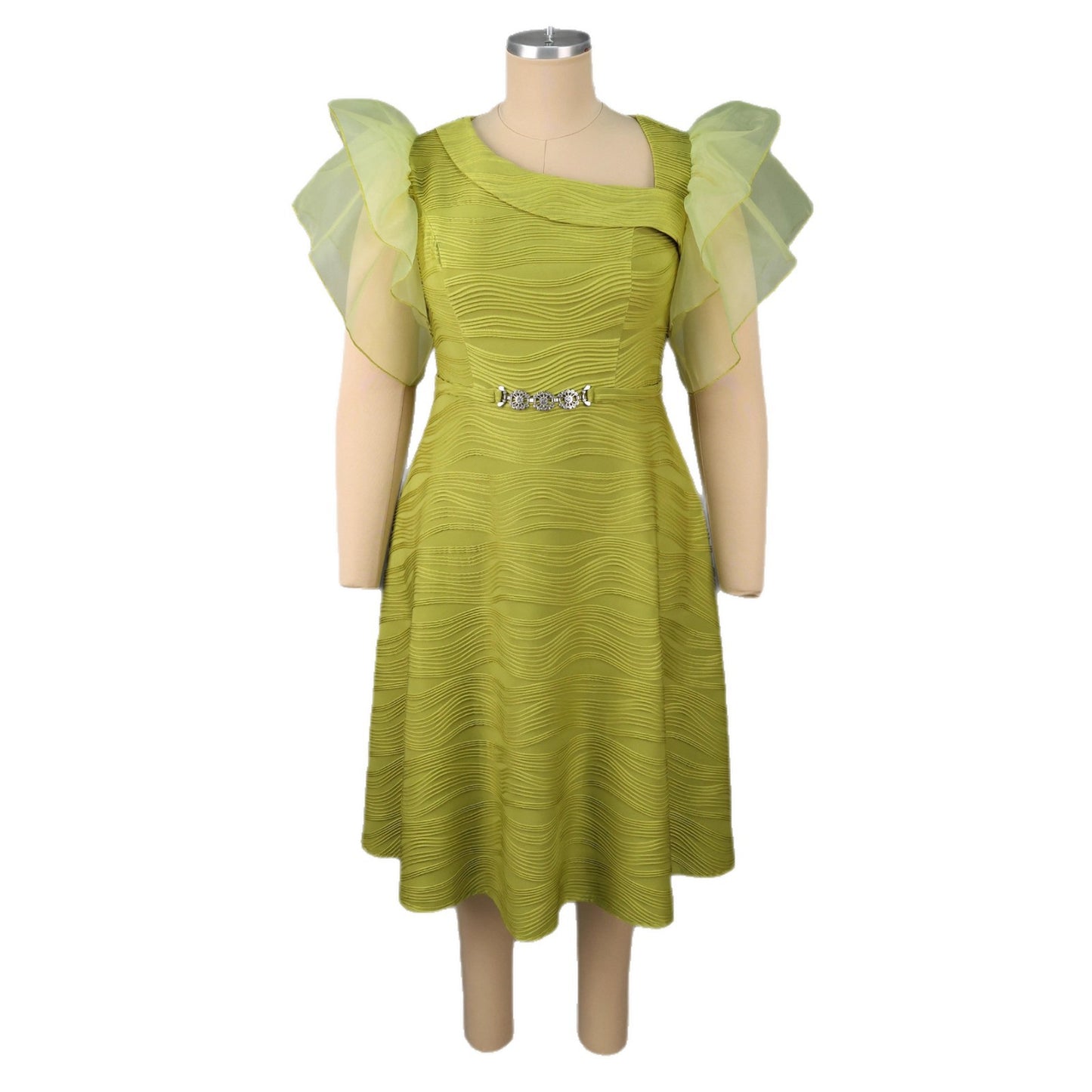 Collar Mesh Flying Sleeves Midi Dress Tight Dresses