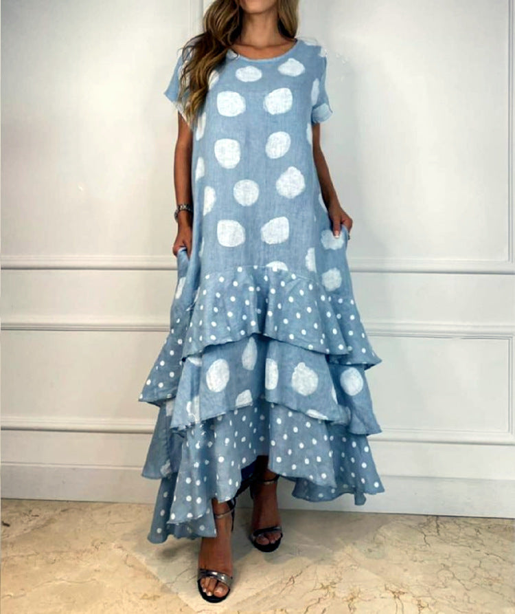 Women's Round Neck Polka Dot Swing Long Dresses
