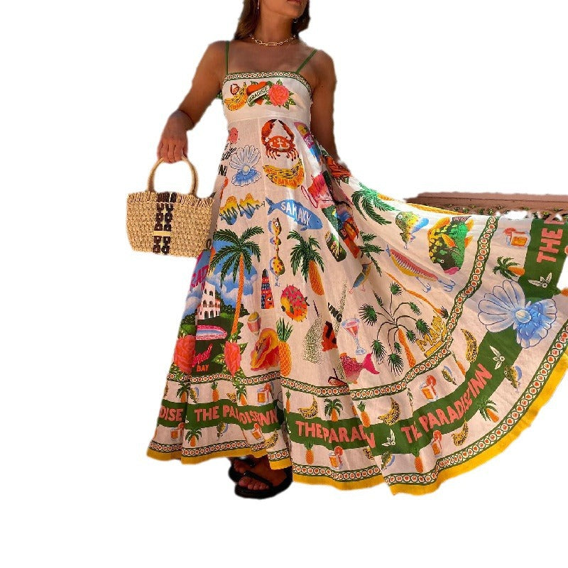 Women's Sexy Sling Iti Printing Sleeveless Swing Dresses