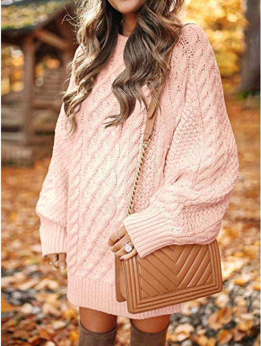 Women's Neck Long Sleeve Large Profile Twisted Knitted Knitwear
