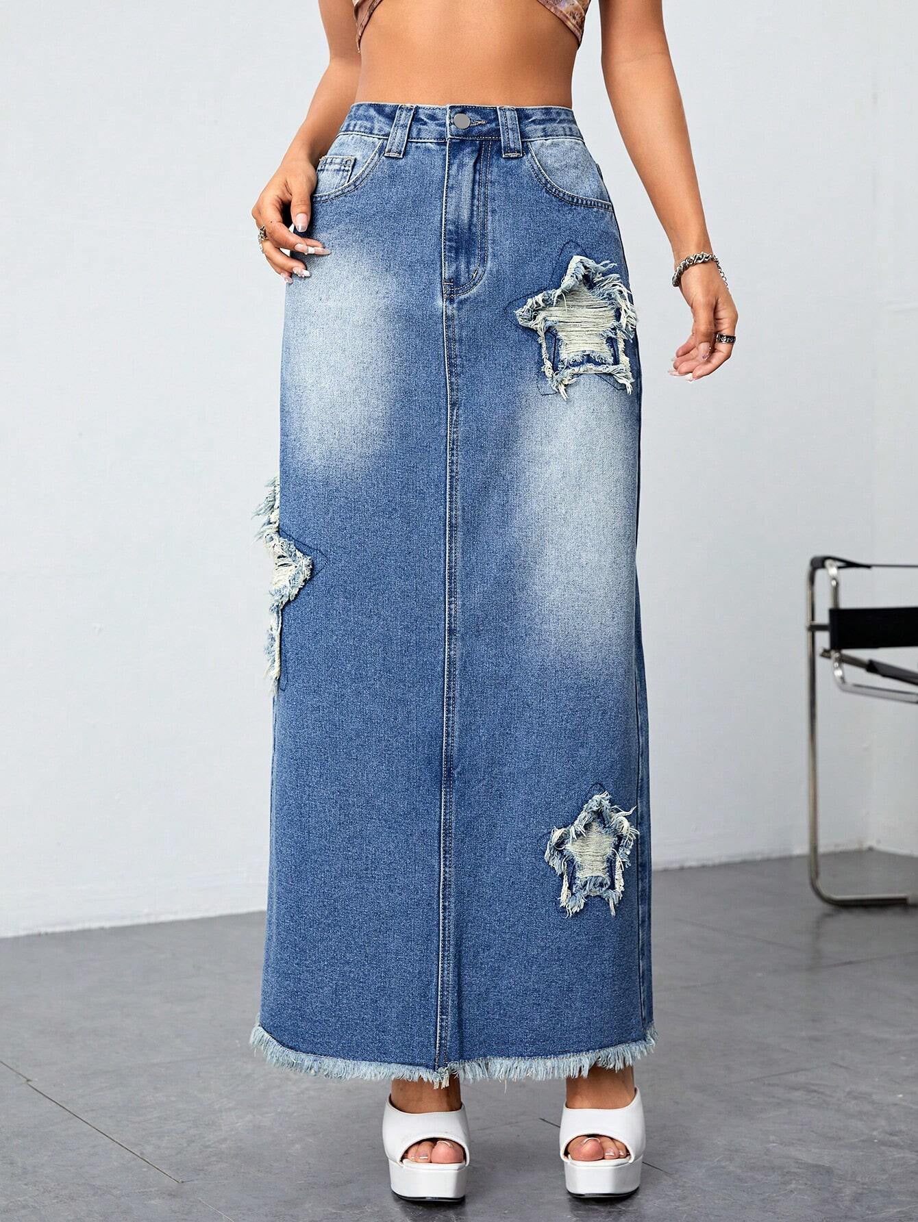 Women's Frayed Worn Denim High Waist Slit Skirts