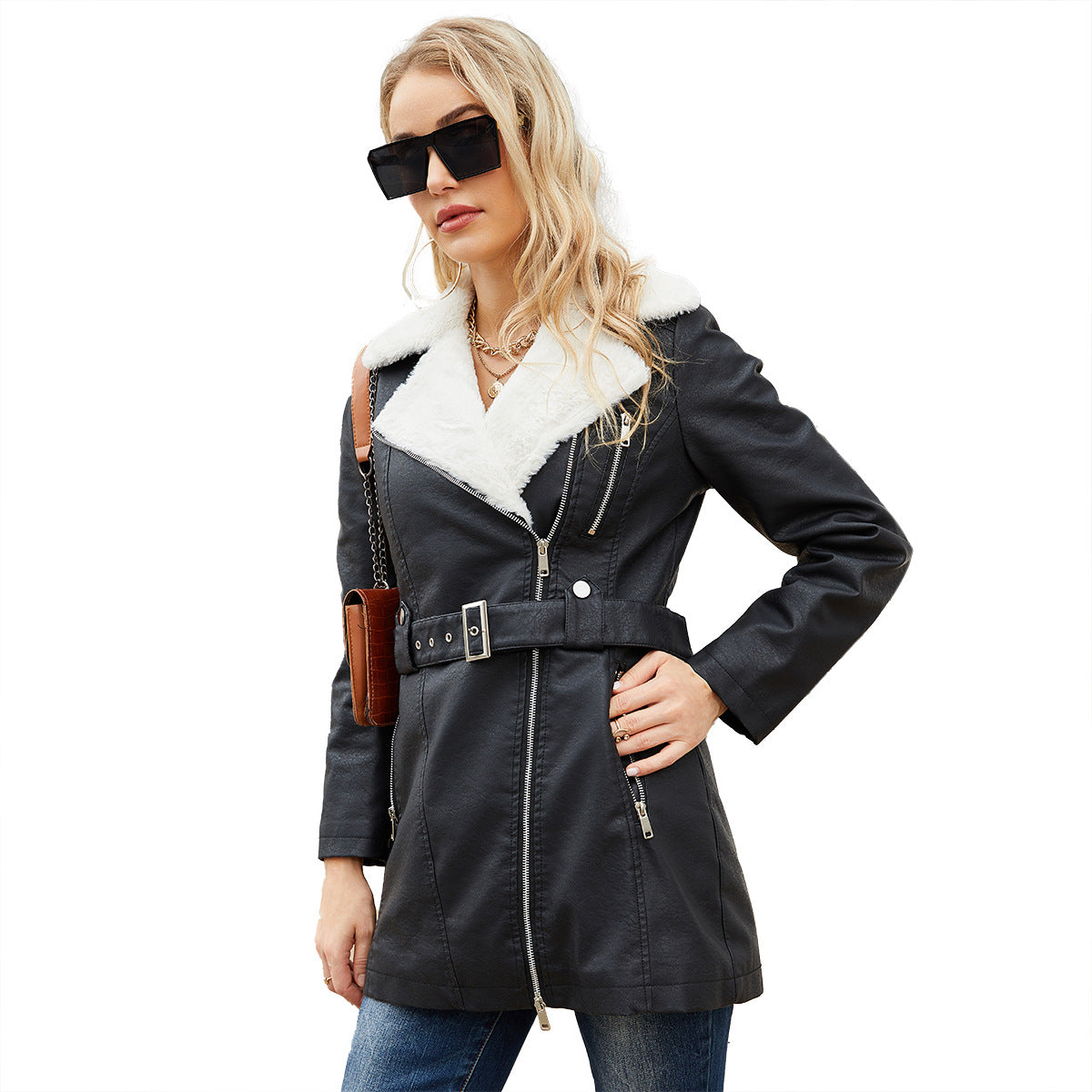 Women's Long Sleeve Fleece Leather Lapel Double-headed Jackets