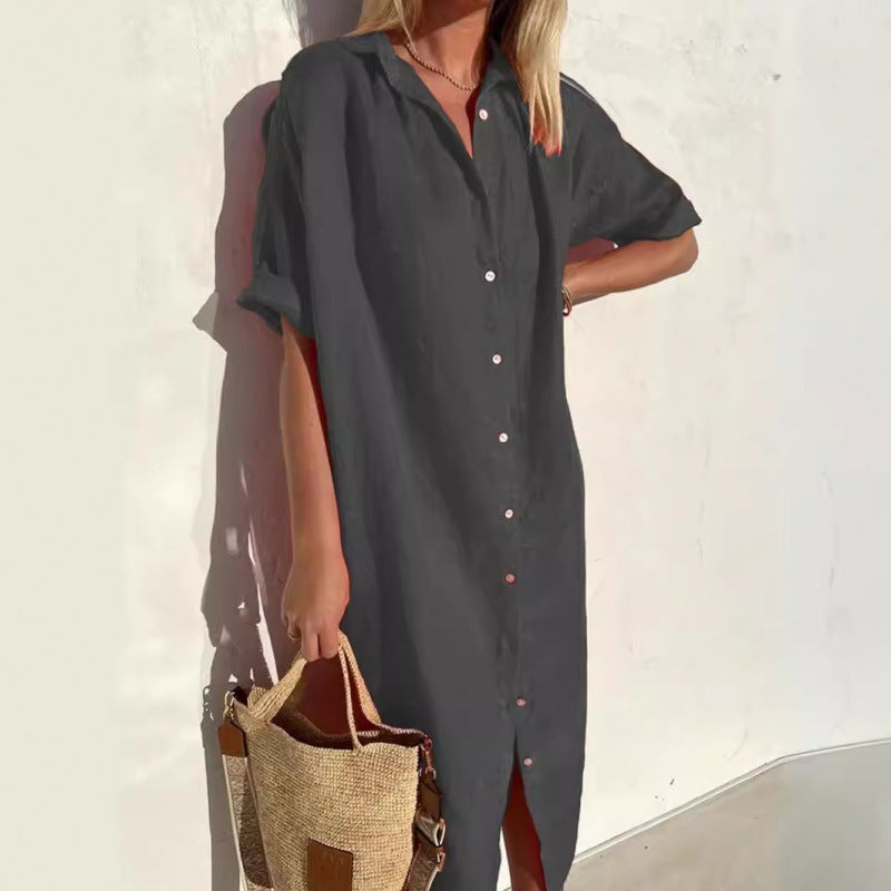 Women's Elegant Casual Loose Sleeves Button Dress Cotton Dresses