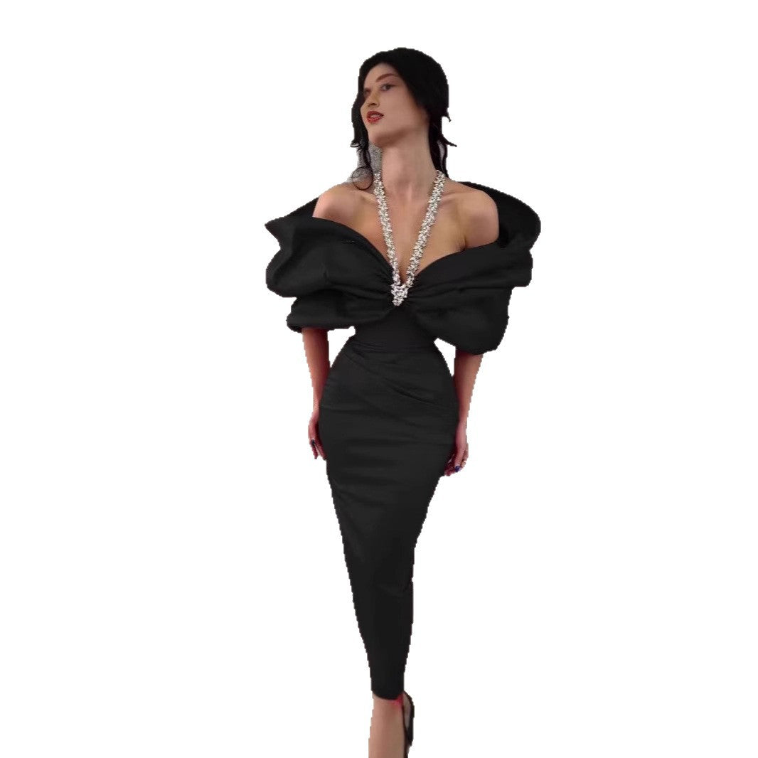 Diamond Band Bow Collar Decorative Slimming Tight Bandage Dresses