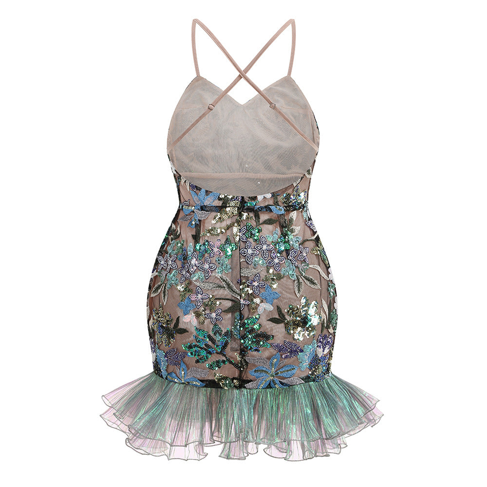 Sexy Sling Embroidered Dress Mesh Stitching Dresses