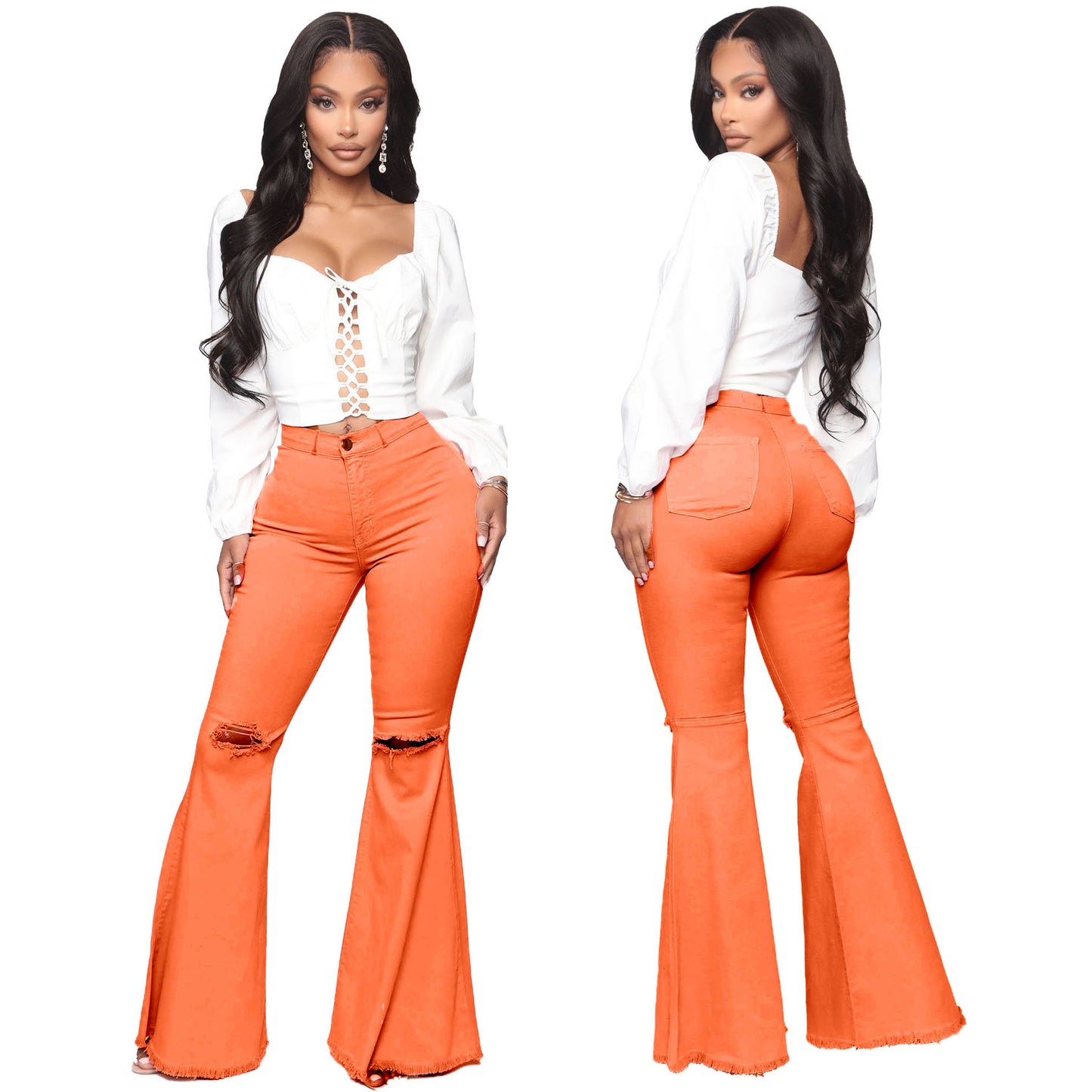Fashion Wide Leg Knee Ripped Denim Jeans