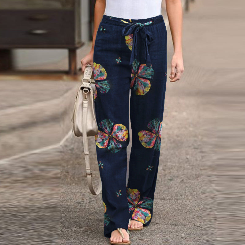 Women's Printed Cotton Linen Casual Comfortable Elastic Pants