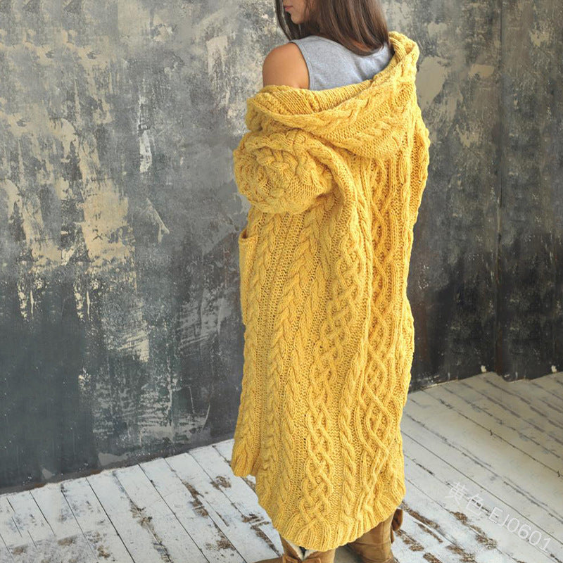 Women's Twist Braid Idle Style Hooded Long Sweaters