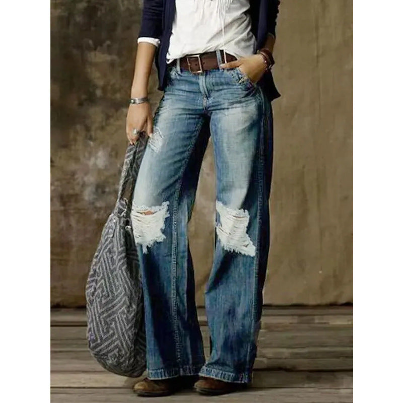 Women's Retro Fashion Casual Straight Wide Leg Jeans