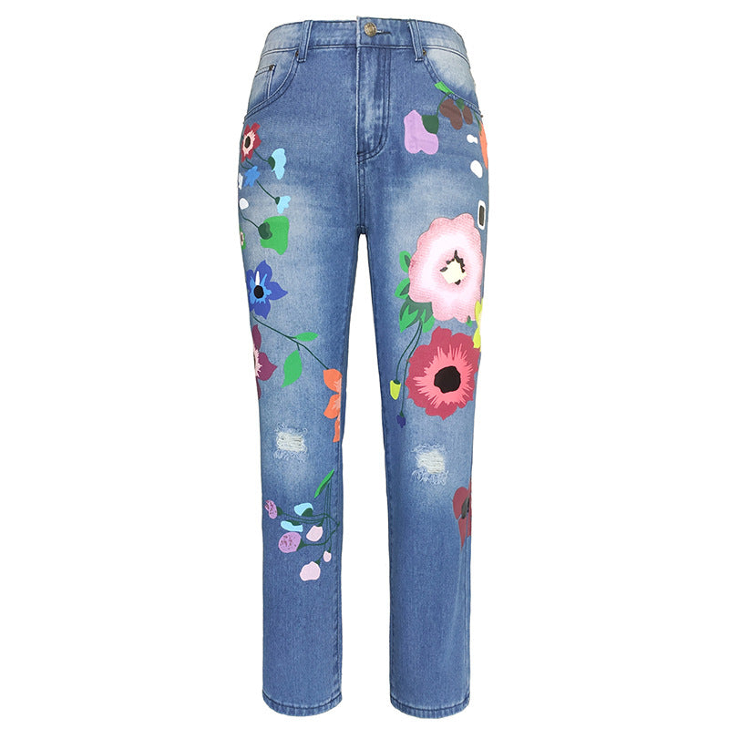 Women's Quality Blockbusters Exquisite Printing Denim Straight Go Out Jeans
