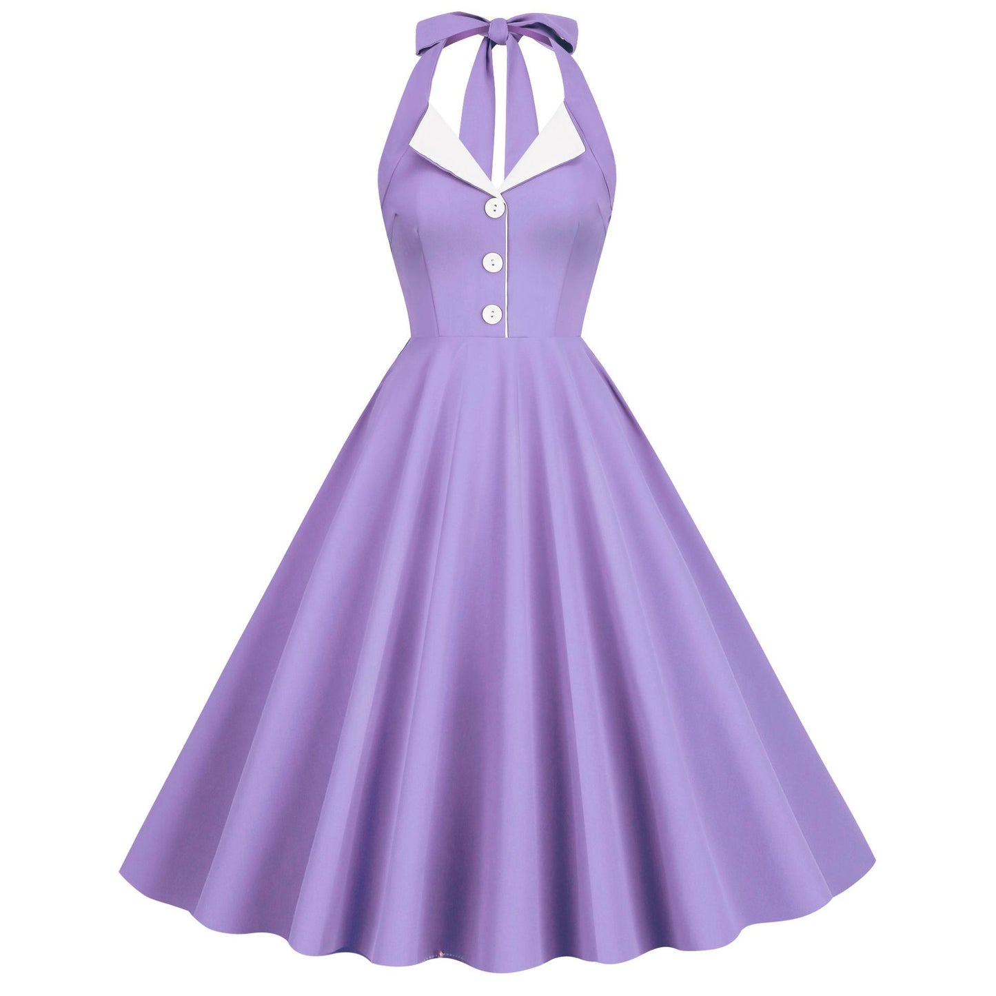 Style Contrast Color Retro Lapel Backless Halter Dress Dresses