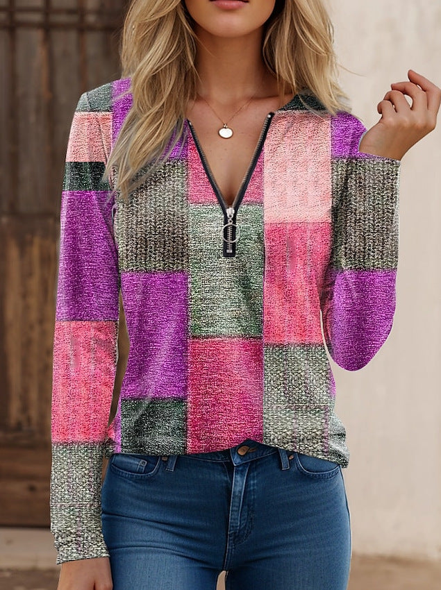 Women's Fashion Casual Loose Printed Zipper Cashmere Blouses
